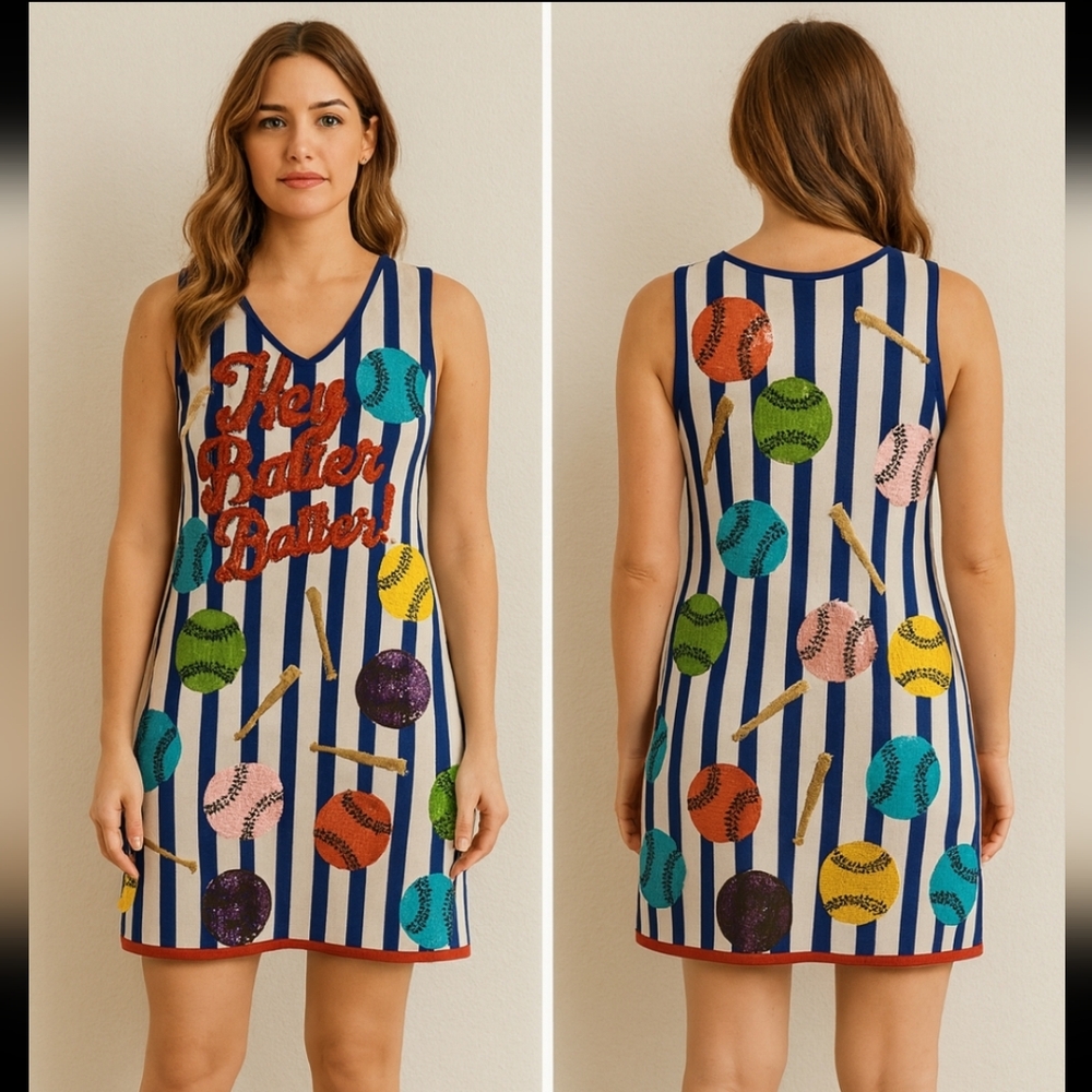 QUEEN OF SPARKLES Blue and White Striped Mini Dress